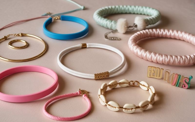 2000s fashion accessories including hoop earrings, chokers, mini shoulder bags, and wrist sweatbands