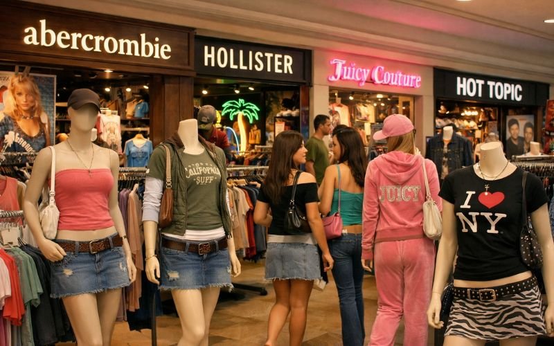 2000s high school fashion brands and mall shopping aesthetic