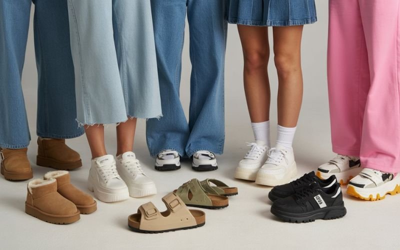 2000s high school footwear trends including Ugg boots, chunky sneakers, Birkenstocks, and skate shoes