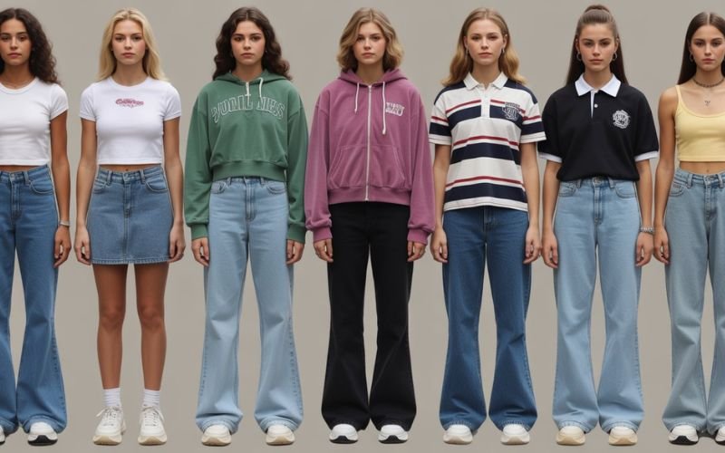 2000s high school outfit ideas for teens including flared jeans, denim skirts, and velour tracksuits