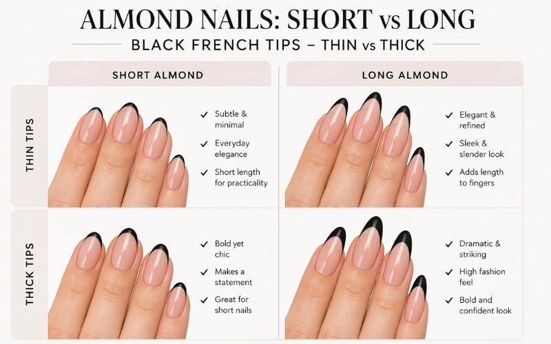 short vs long almond black french tip nails