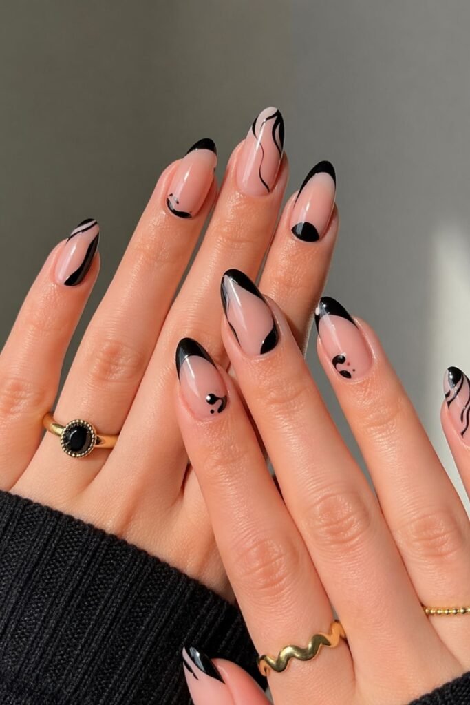 abstract black french tip almond nails designs