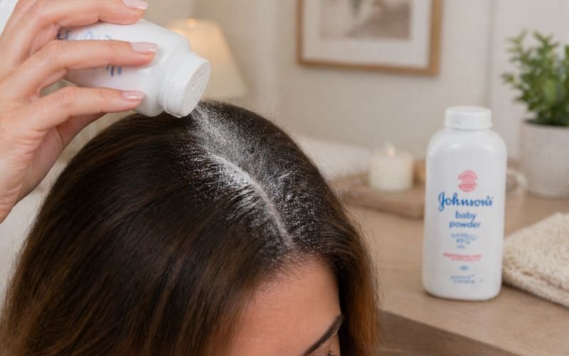 Using baby powder to absorb oil in greasy hair.