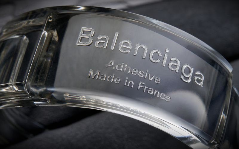 Balenciaga adhesive bracelet close up branding detail
