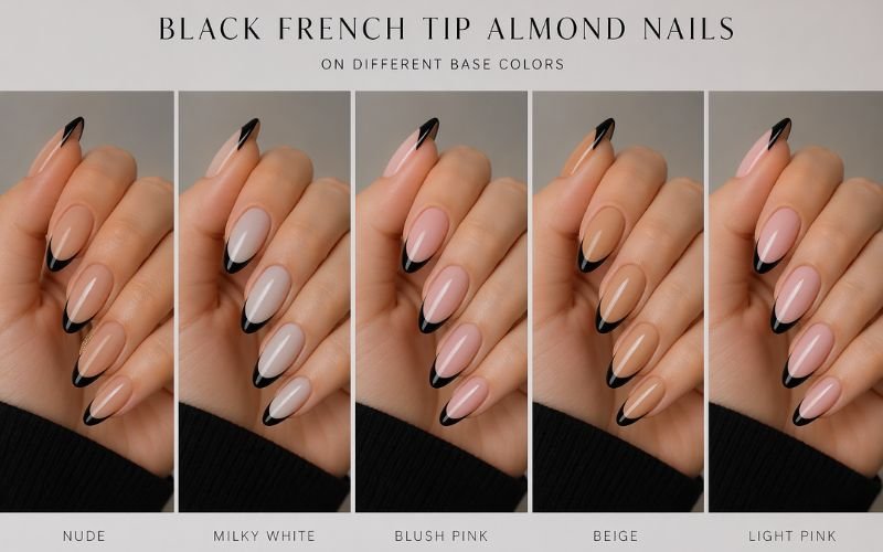 black french tip almond nails base colors