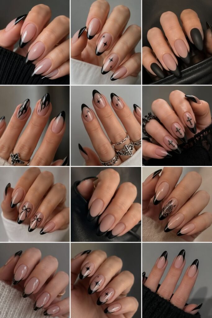 black french tip almond nails design ideas collage