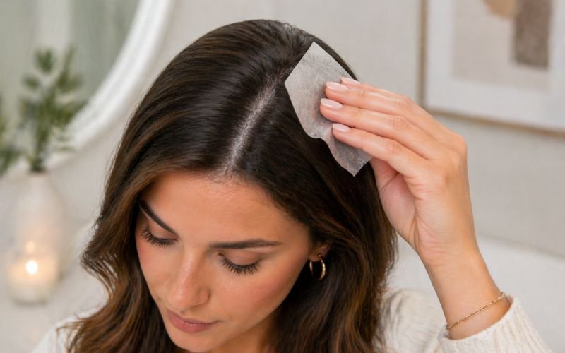Blotting paper used to absorb excess oil from the scalp.