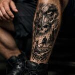 Man showing detailed shin tattoo in cinematic editorial lighting