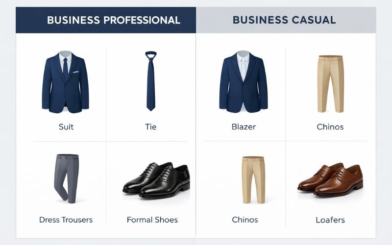 Comparison chart of business professional and business casual dress codes

