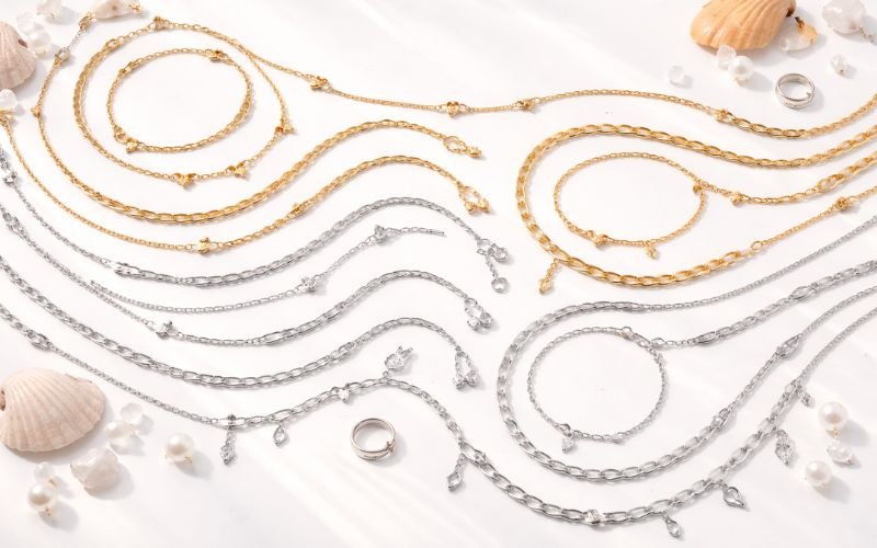 Collage showcasing different types of permanent jewelry: bracelets, necklaces, anklets
