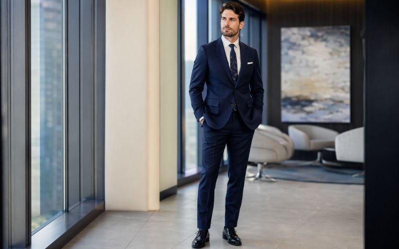 Complete business professional attire outfit for men in office setting
