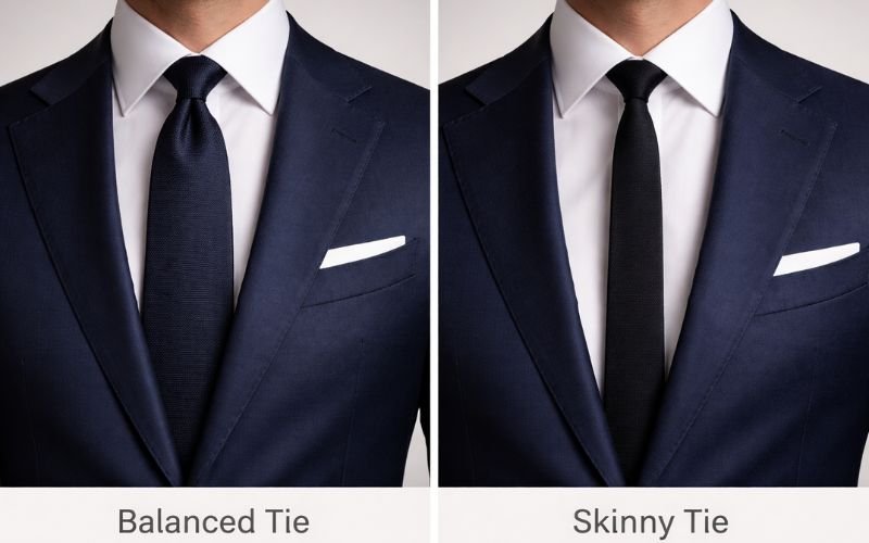Comparison of correct and incorrect tie width with suit lapels
