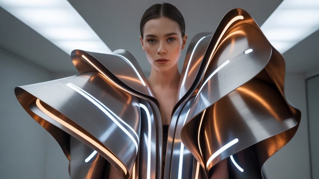 Gender-neutral futuristic avant-garde outfit with sculptural elements