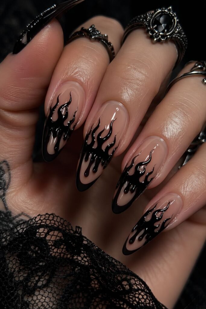 gothic black french tip almond nails designs