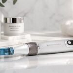 Korabeauticals V2 Dermapen microneedling device close-up on skincare setup