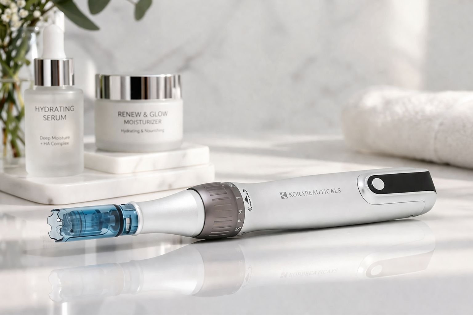 Korabeauticals V2 Dermapen microneedling device close-up on skincare setup