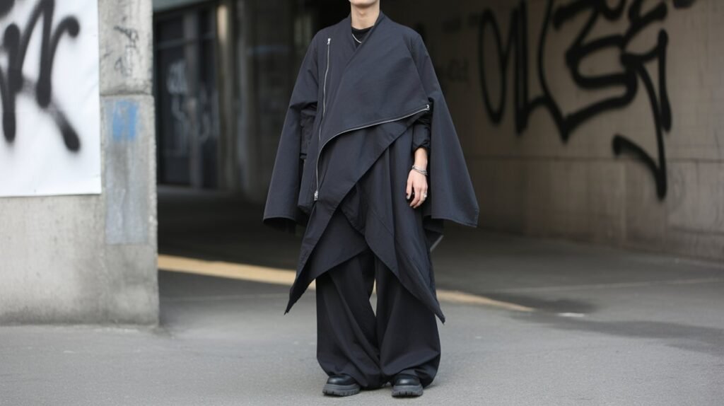 Avant-garde outfit with layered, oversized black clothing and asymmetrical design