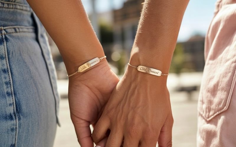 Two friends wearing matching engraved permanent friendship bracelets
