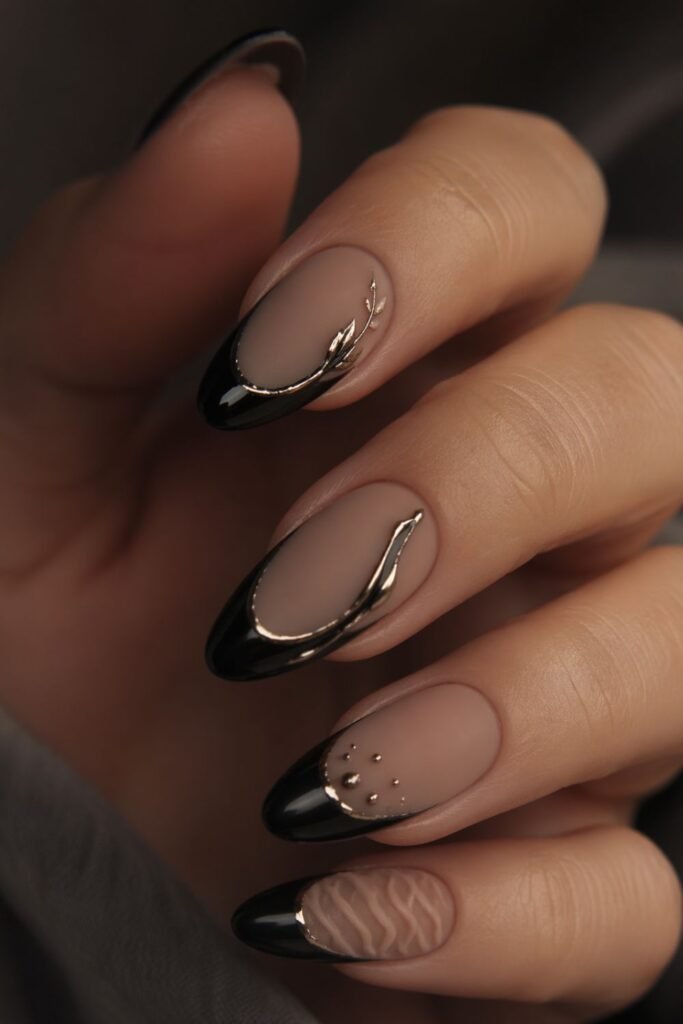 matte glossy black french tip almond nails