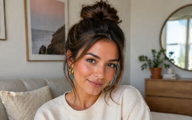 Messy bun hairstyle to conceal greasy hair roots.