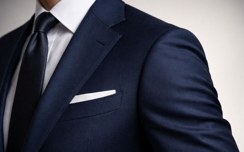 Proper suit fit showing shoulder alignment and sleeve cuff detail
