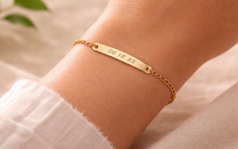 Personalized engraved permanent bracelet on wrist
