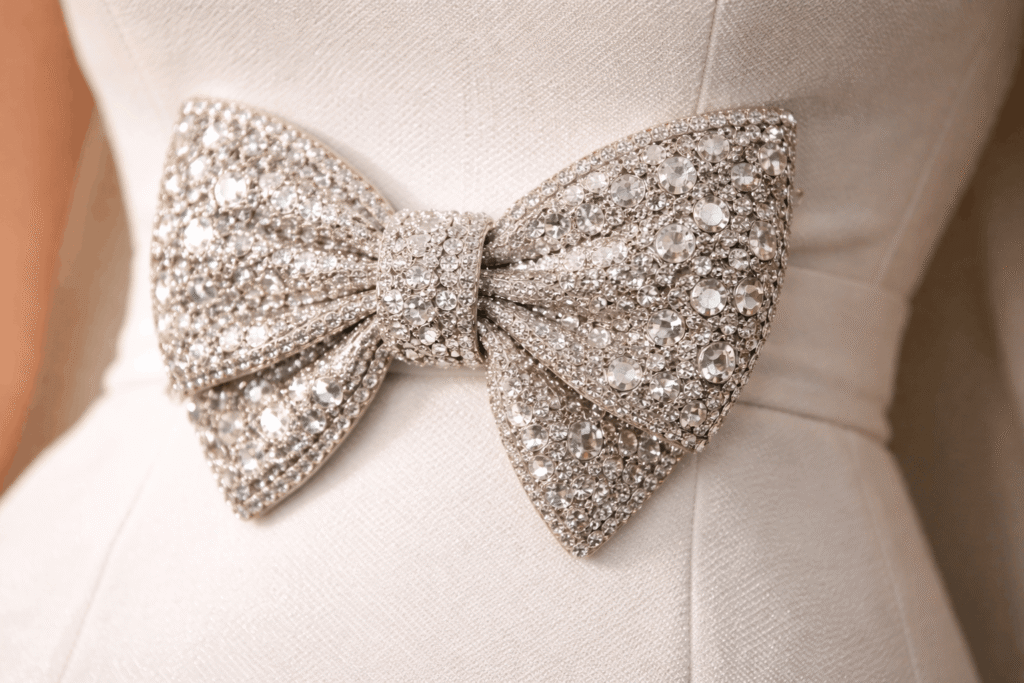 Close-up of sculptural rhinestone bow on Sydney Sweeney Pierre Cardin dress
