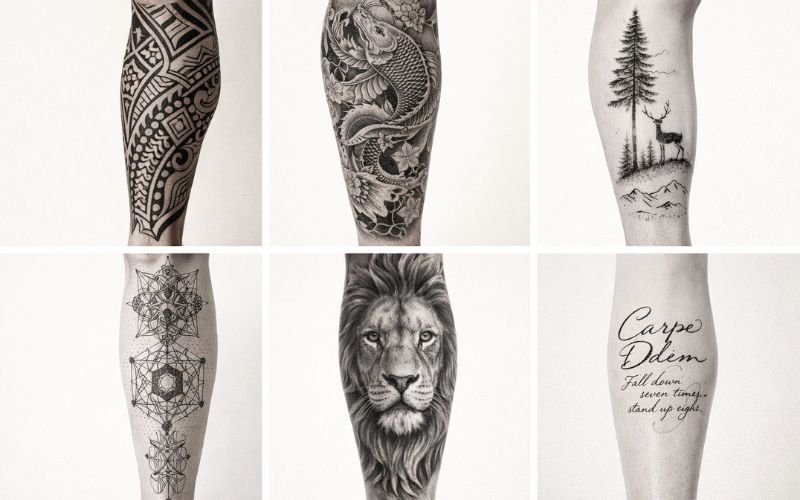 Different shin tattoo styles for men in reference sheet layout
