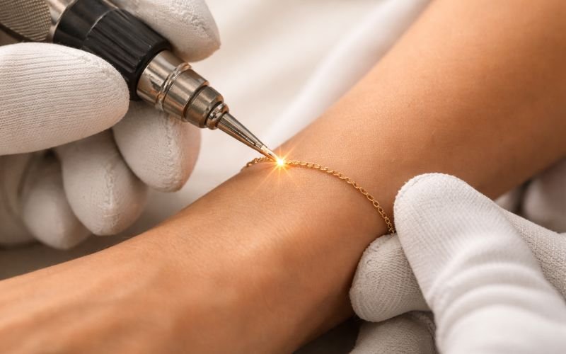 Professional jeweler welding a delicate permanent bracelet
