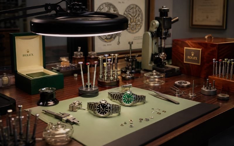 Professional watchmaker workspace for luxury watch servicing