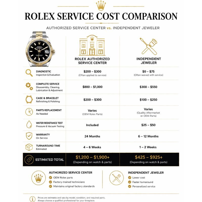 Rolex servicing cost comparison between authorized and independent service
