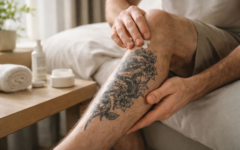 Applying ointment on shin tattoo for proper aftercare
