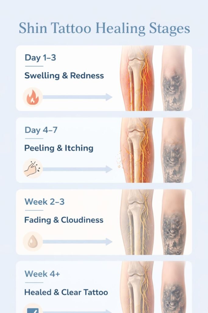 Step-by-step healing timeline of a shin tattoo from fresh ink to fully healed skin.
