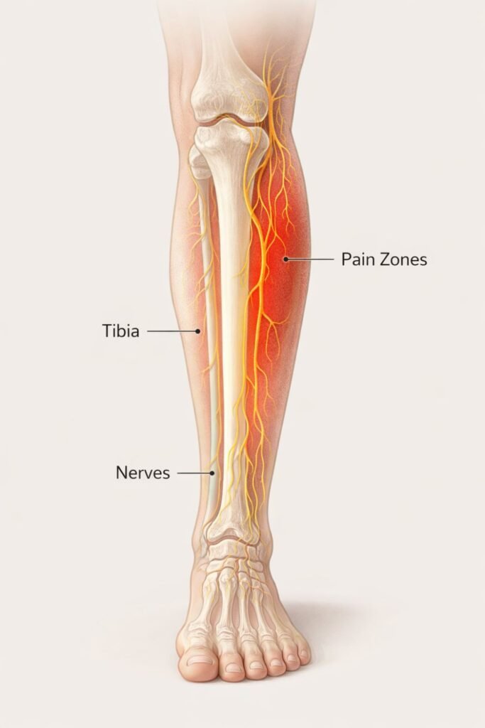 Anatomical diagram showing shin tattoo pain sensitivity areas
