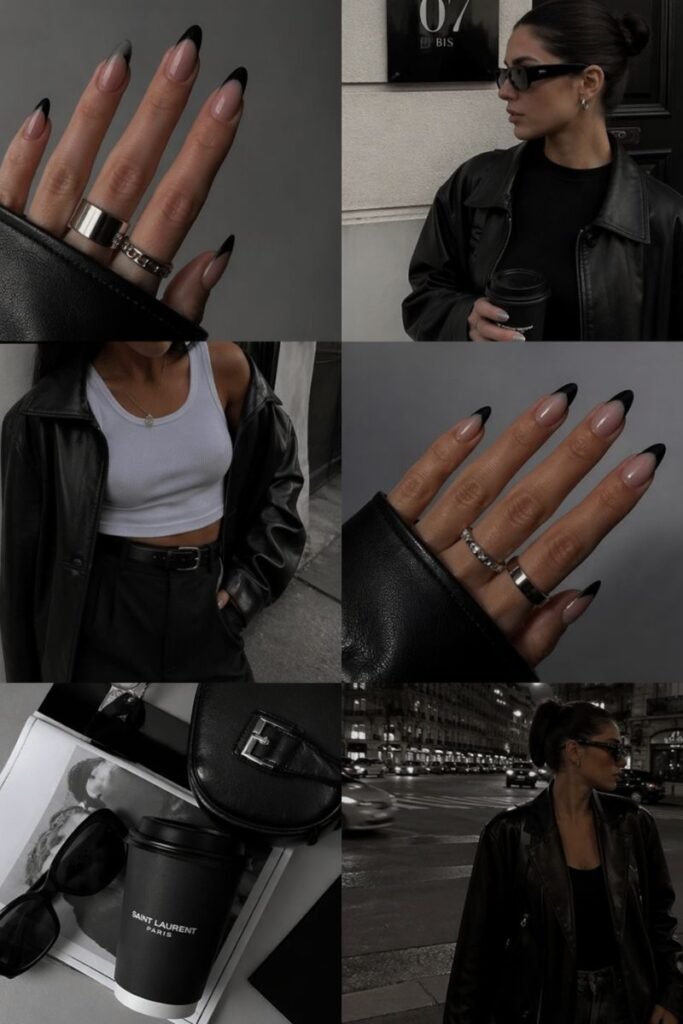 styling black french tip almond nails outfits