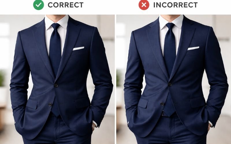 Correct and incorrect suit buttoning demonstration for men’s formal wear
