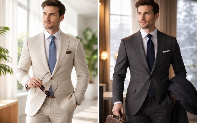 Summer and winter business professional outfit comparison for men
