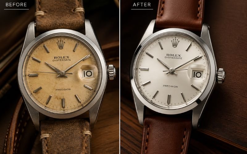 Vintage Rolex restoration before and after comparison
