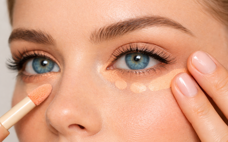 Applying color-correcting concealer on eyelids and under-eye for blue eyes