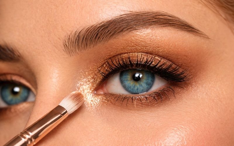 Highlighting inner corner of blue eyes with shimmer to brighten