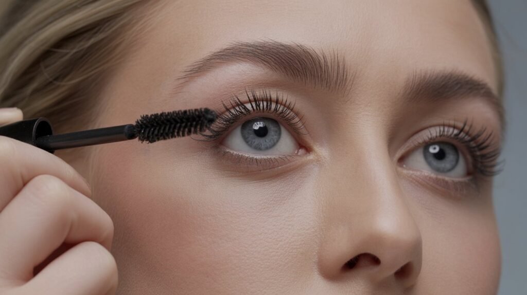 Applying eyeliner and mascara to blue eyes for definition