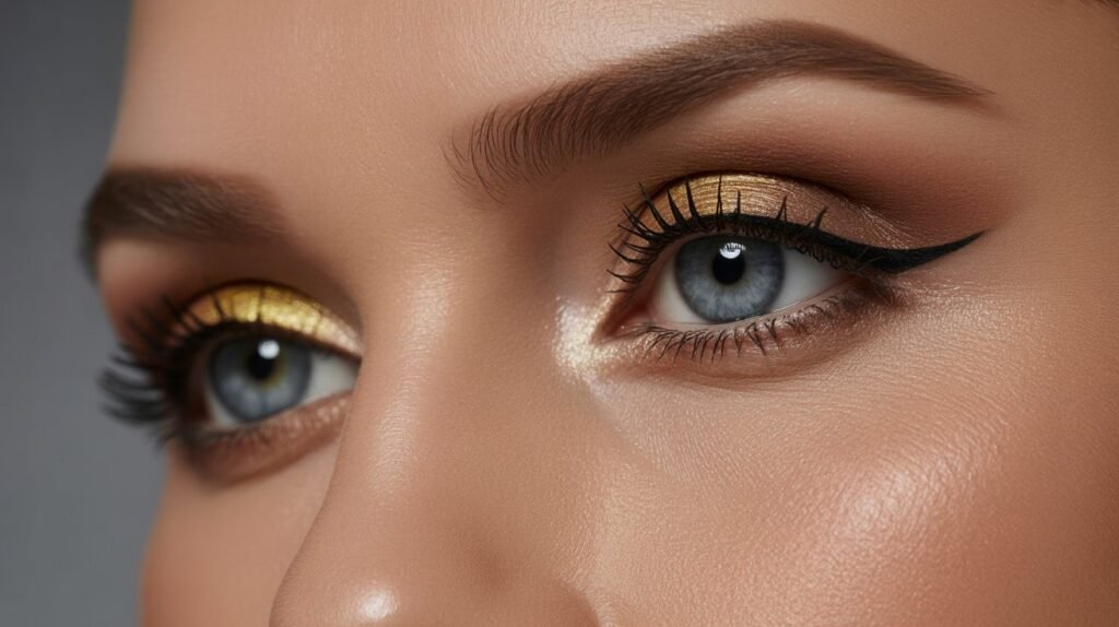 Final eyeshadow look for blue eyes with bronze, gold, and taupe shades