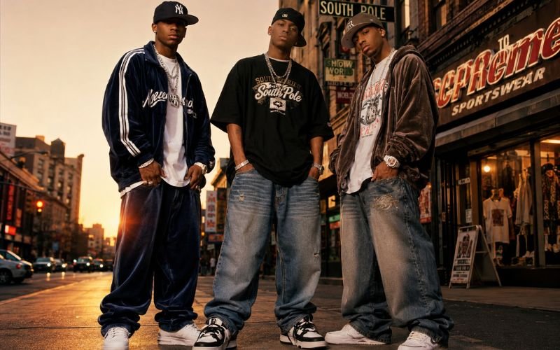 2000s men’s streetwear fashion with baggy jeans and hip-hop outfits