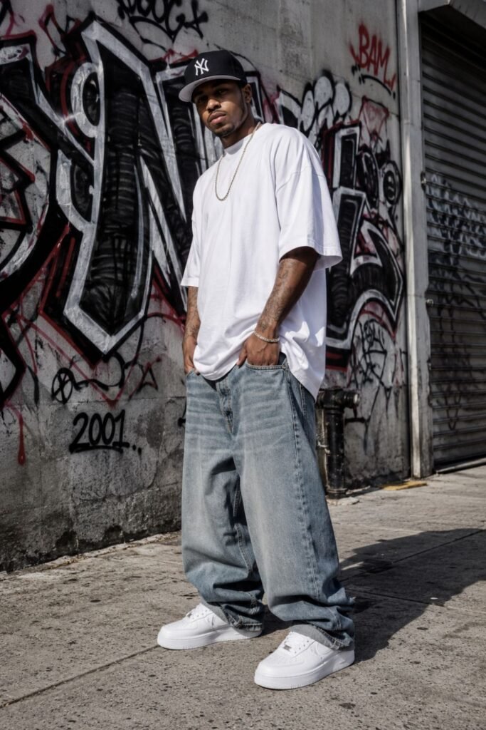 Baggy jeans and oversized streetwear outfit from the 2000s