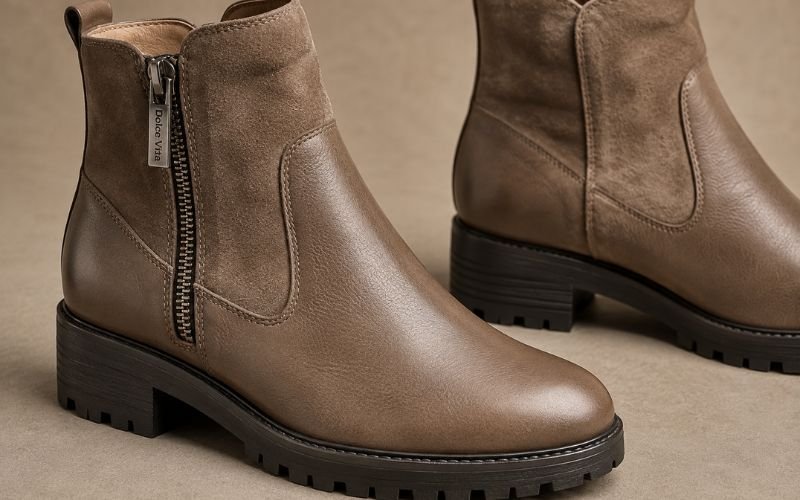 Close-up view of Dolce Vita Linny H2O boots showing zipper and leather texture