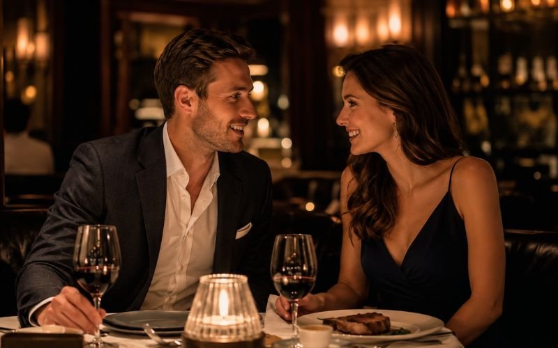 couple dinner outfit upscale restaurant blazer dress date night
