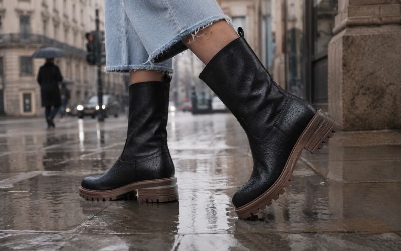 Dolce Vita Linny H2O fashion boots walking on wet pavement in light rain