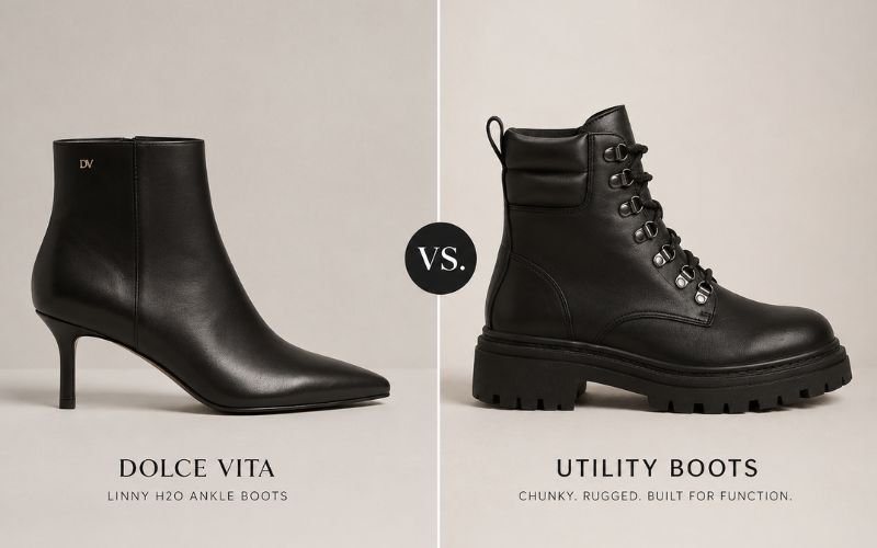 Comparison between sleek Dolce Vita fashion boots and rugged utility boots