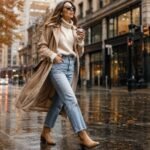 Woman wearing Dolce Vita Women’s Linny H2O fashion boots on a rainy fall city street
