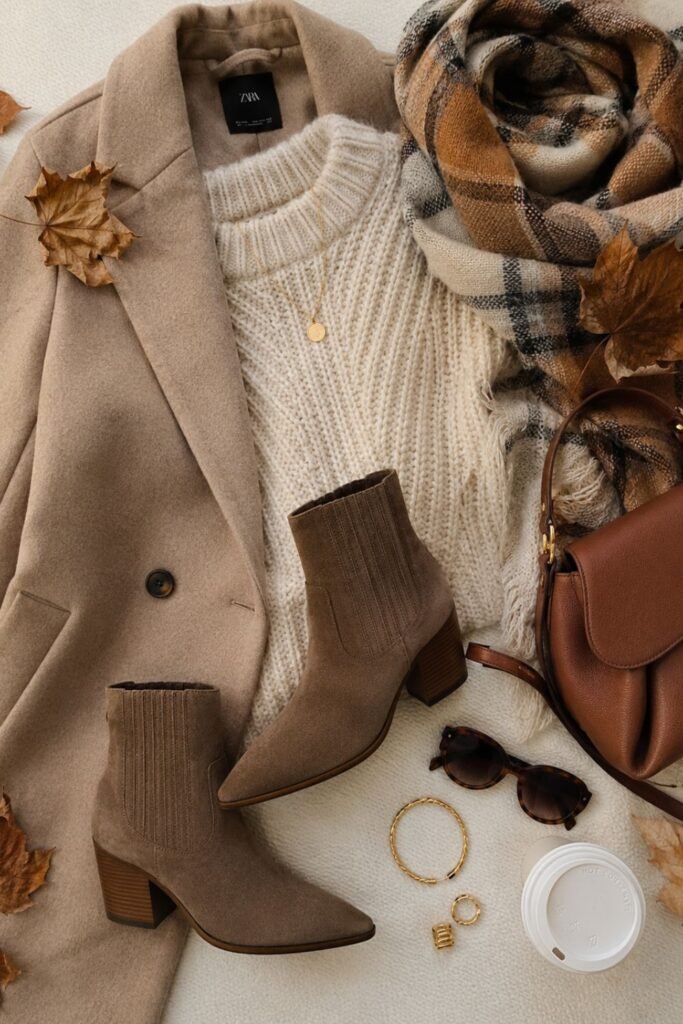 Fall fashion flat lay featuring Dolce Vita Linny H2O boots and neutral accessories